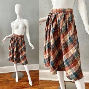 Vintage 70s High Waist Plaid Wool Pleated A-line Midi Skirt XS/S